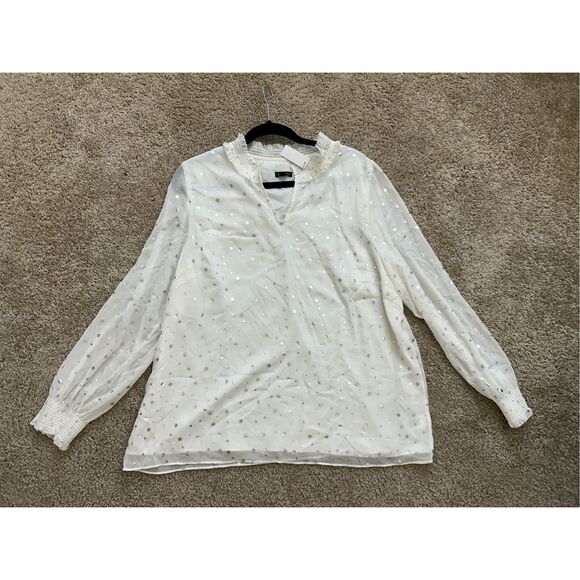 Talbots NWT Smocked Cheerful Dots Top White Silver Polka Dots, Sz XL, MSRP $109 - Picture 4 of 11